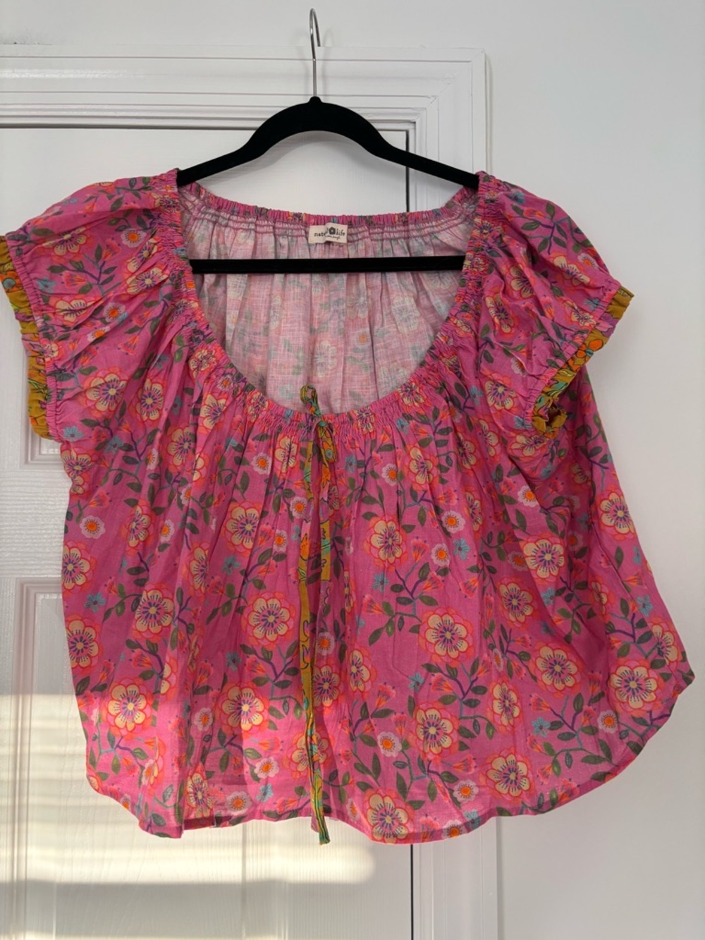 Natural Life Floral Peasant Blouse Pink Boho Cotton Flutter Sleeve Size XL - Picture 6 of 9
